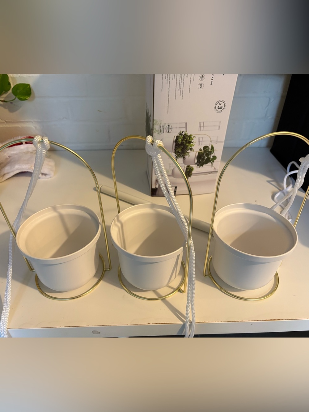 Umbra White Ceramic Hanging Planter Trio with Gold Metal Stands